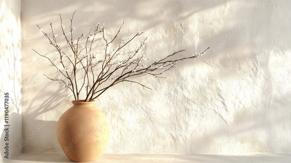 Poster old clay vase with branches placed against a white textured wall, illuminated by soft sunlight. mini