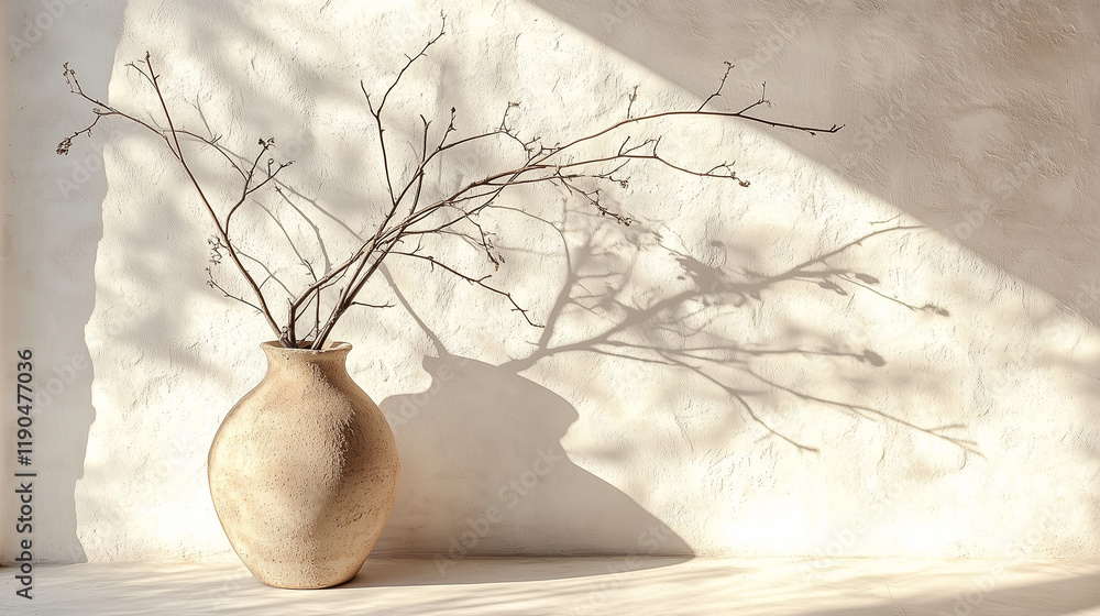 Poster old clay vase with branches placed against a white textured wall, illuminated by soft sunlight. mini