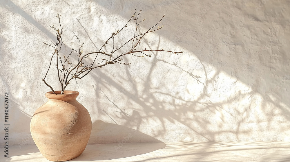 Poster old clay vase with branches placed against a white textured wall, illuminated by soft sunlight. mini