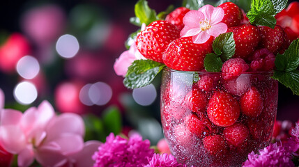 A bright glass holds raspberries and strawberries, garnished with mint and pink blossoms, all blurred against pink and dark bokeh.