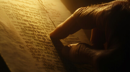 Old man reading ancient gothic book in low light condition pointing his finger on a word