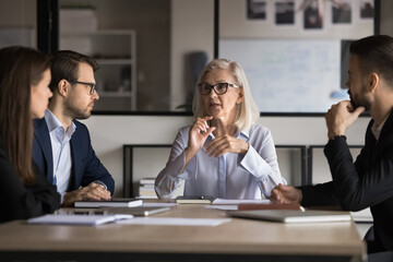 Businesswoman, company boss explains contract details to shareholders, sit at conference table,...