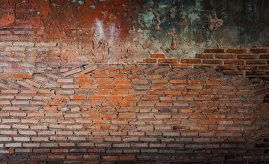 Old orange brick wall background with cracked brick wall with dark edges.