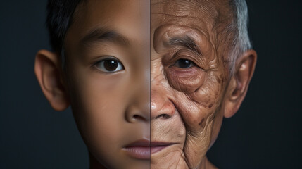 An evocative split portrait showcasing the contrast between youth and age, perfect for themes of aging, wisdom, and generational connections