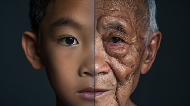 An evocative split portrait showcasing the contrast between youth and age, perfect for themes of aging, wisdom, and generational connections