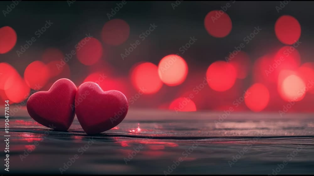 Poster Two red hearts are standing on a wooden table with a romantic red bokeh background, representing love and affection on valentine's day, creating a warm and inviting atmosphere