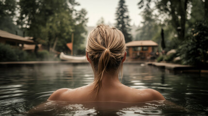 Fototapeta premium Blonde Woman Relaxing in Hot Spring Pool