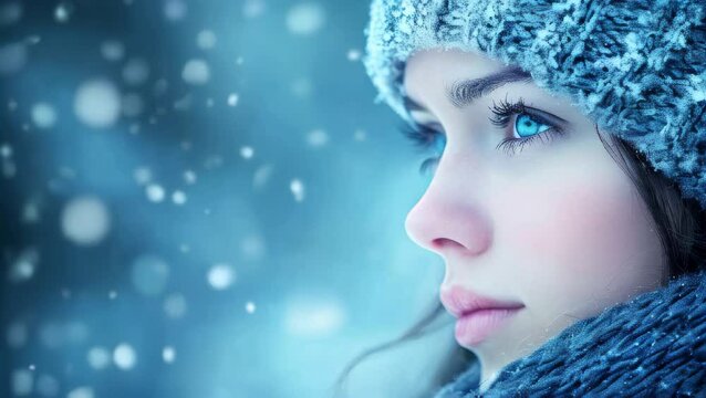 woman face in snowy , snow falling, copy space . ai generated