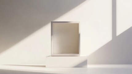 Empty white frame on a white pedestal, sunlit.