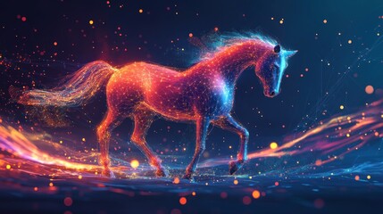 Energetic horse rendered in vibrant particles, glowing trails, and cosmic background.