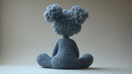 A gray plush toy with rounded ears sits facing away from the viewer