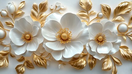 Luxurious 3D floral relief artwork showcases white blooming flowers with golden leaves and accents, featuring baroque ornamental design with pearly petals and metallic gold details.