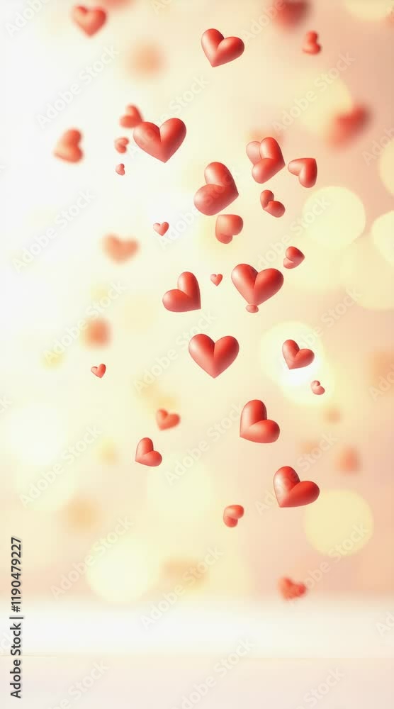 Poster Red hearts falling against a warm background with bokeh effect. Creating a romantic and festive atmosphere perfect for valentine's day or spring celebrations. Symbolizing love. Passion. And affection