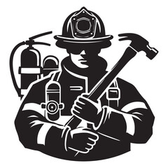 Firefighter Silhouette Vector Illustration, Solid White Background.
