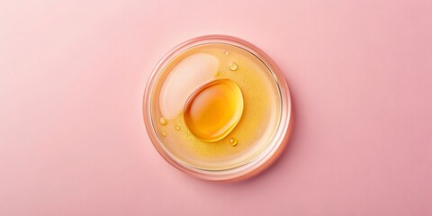 Aerial View of Hyaluronic Acid Serum Oil Sample Swatch on Pastel Pink Background - Cosmetic Product