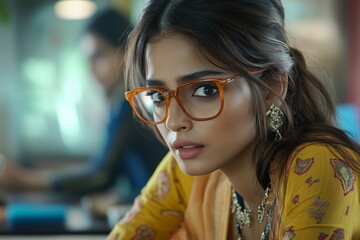 Indian pretty and beautiful elegant businesswoman portrait inside the office