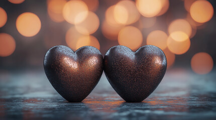 Fototapeta premium Two chocolate heart shapes on a textured surface with a bokeh background, perfect for Valentine's Day