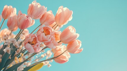 Fototapeta premium spring flowers banner - a bouquet of pink tulips on a background of blue sky. shallow depth of field.