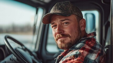 Truck driver wearing a plaid shirt and cap smiles from inside the cab in a rural setting during golden hour