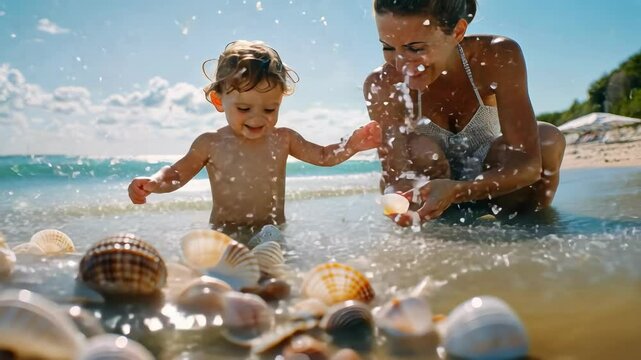 a woman with a child collects seashells on the beach. Selective focus
