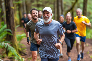 Smiling senior man running with a diverse group of people on a forest trail, promoting fitness, health, and an active outdoor lifestyle