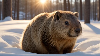 Obraz premium A Groundhog Emerging from its Burrow on a Sunny Winter Morning, Surrounded by Snow and Frosty Grass with Warm Sunlight Breaking Through Trees, Symbolizing Groundhog Day and the Transition to Spring, 8