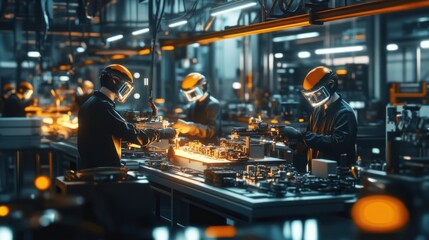 Factory workers in protective gear assembling parts on an illuminated assembly line.