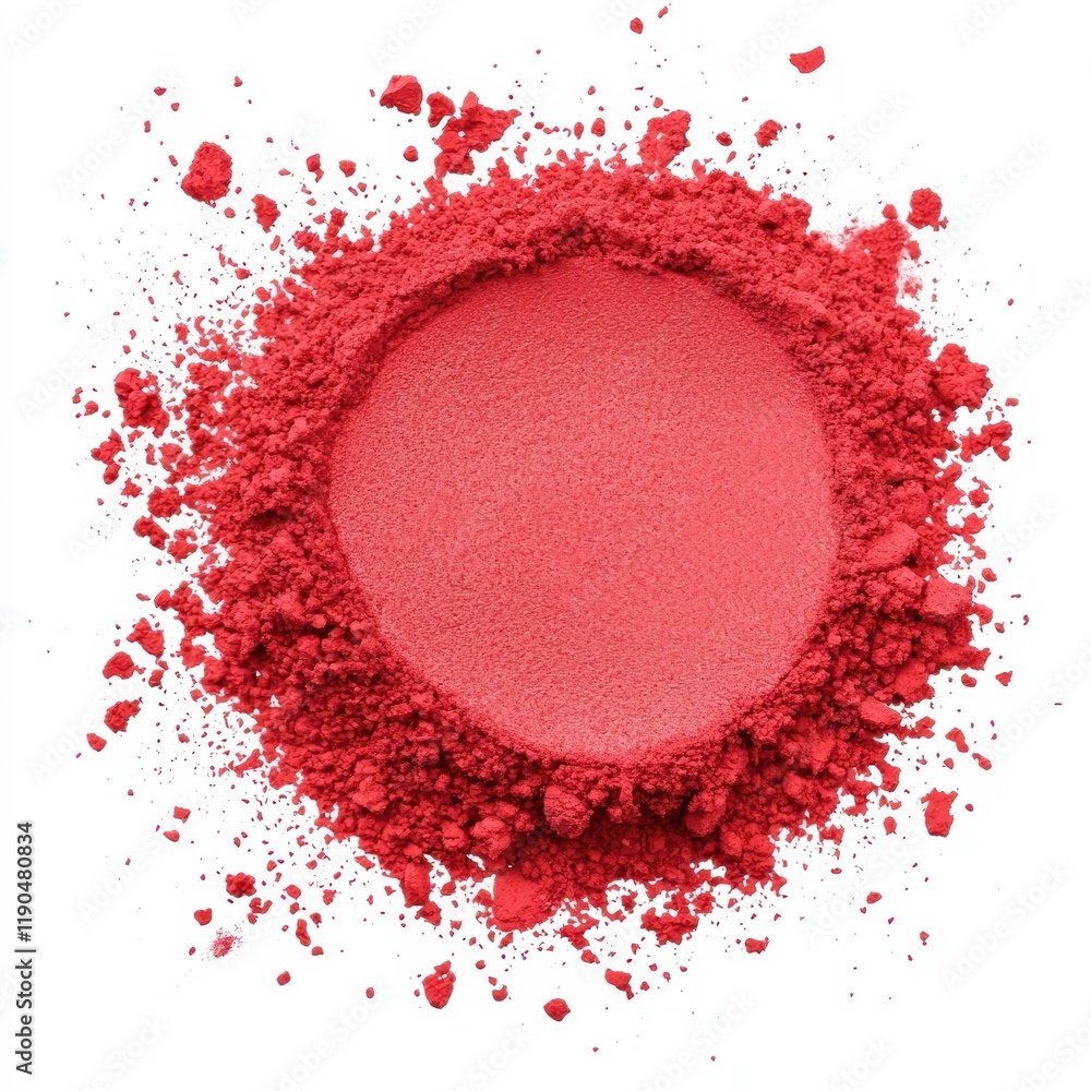 Poster bright red powder exploding on white background for artistic use