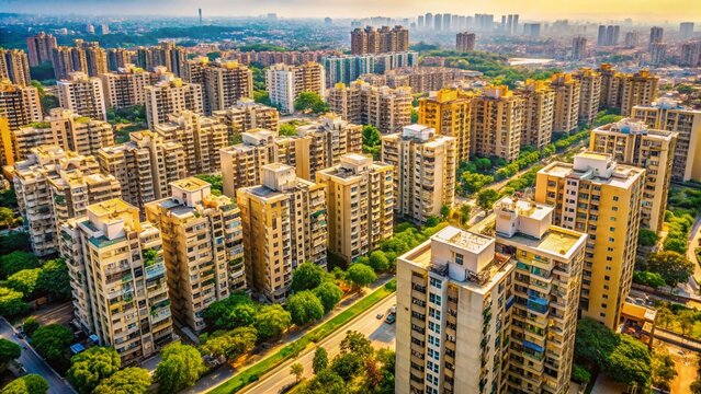 Aerial View of Noida, Delhi Residential Development: Concrete Homes & Cityscape