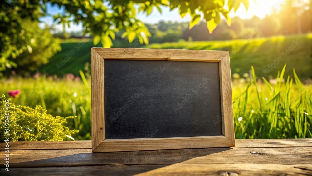 Poster aerial view of rustic wooden frame chalkboard with blank black surface - perfect for text or design