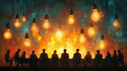 An illustration of people sitting around a table, sharing ideas with floating light bulbs and gears symbolizing creativity