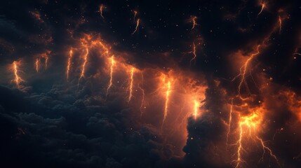 Fiery orange lightning strikes through dark storm clouds.