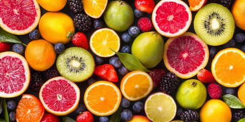 Exploring Cancer Immunity. A vibrant assortment of fresh fruits, including citrus, berries, and kiwis, beautifully arranged for a colorful display.