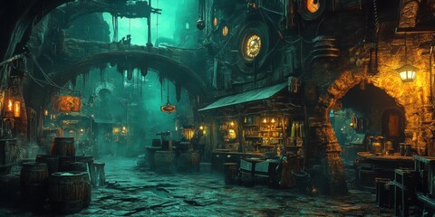 Dark fantasy market street, cavern setting, mystical background, game asset