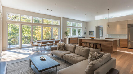 This photo showcases a beautifully designed modern minimalist home interior, featuring clean lines, sleek furniture, and a neutral color palette. Generative AI