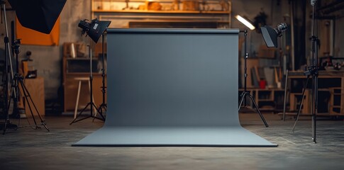 Grey backdrop in studio, ready for photoshoot, workshop background