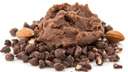 Obraz premium Creamy chocolate spread made with nuts and cocoa on a white background highlighting its rich texture and ingredients