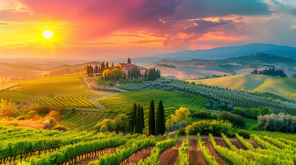 Breathtaking Tuscan landscape at sunset, showcasing rolling hills and vineyards, perfect for travel promotions or nature-themed projects
