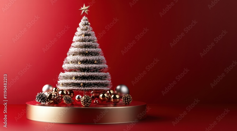 Poster 3d rendering of a christmas tree on a podium with a red background.