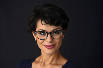 Fototapeta premium A confident woman with short curly hair, wearing glasses and hoop earrings, poses against a dark background. She has a warm smile and is dressed in a black top, exuding professionalism.