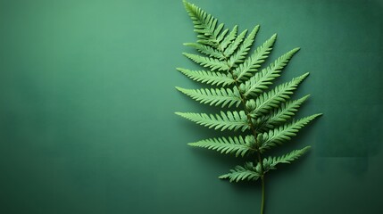 Delicate fern frond presents detailed leaves against minimal green background, featuring natural organic composition with soft shadows in clean modern botanical photography style.