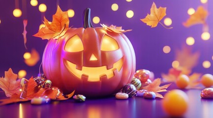 3D rendering of a cute, smiling Halloween pumpkin with candy and leaves on a purple background 