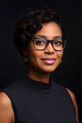 Fototapeta premium A confident woman with short curly hair, wearing glasses and hoop earrings, poses against a dark background. She has a warm smile and is dressed in a black top, exuding professionalism.