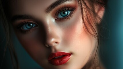 Stunning close-up of a young woman with striking blue eyes and bold red lips in soft lighting