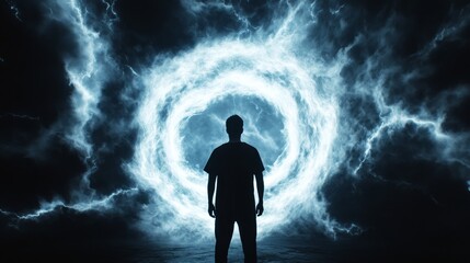 Man Facing Energy Vortex - Mystery, power, transition, unknown, destiny. A silhouette stands before a swirling energy portal.