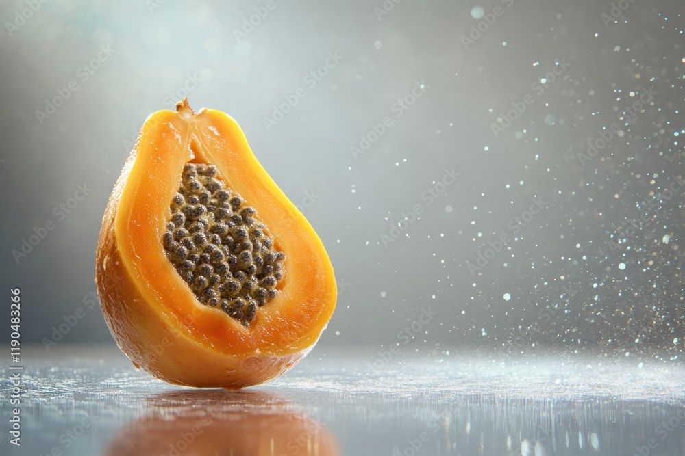 Poster sliced papaya resting on a surface with a soft gray background and droplets of water