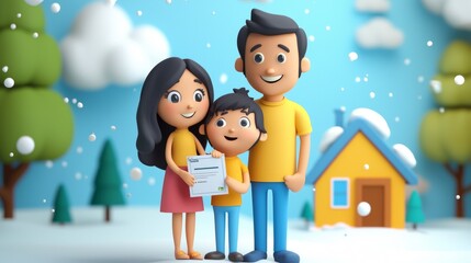Fototapeta premium Family celebrating together in winter with a certificate in a festive atmosphere near their cozy home