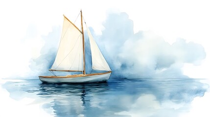 Fototapeta premium Watercolor sailing boat illustration depicts white sails and wooden hull with delicate brush strokes in soft pastel colors, creating whimsical maritime scene with gentle ocean ripples.