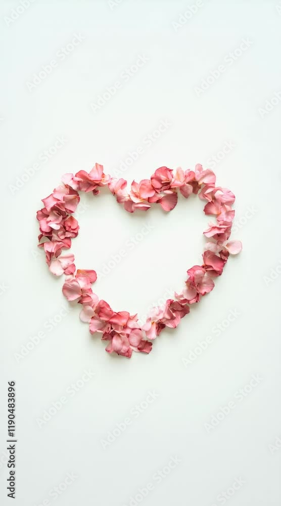 Poster Delicate pink petals arranged in a heart shape on a pristine white background create a romantic atmosphere, perfect for valentine's day or spring celebrations, symbolizing love and affection