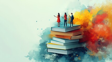 An illustration showcases writing design elements for a web banner, with people standing on books and holding pens, symbolizing creativity, learning, and the digital world